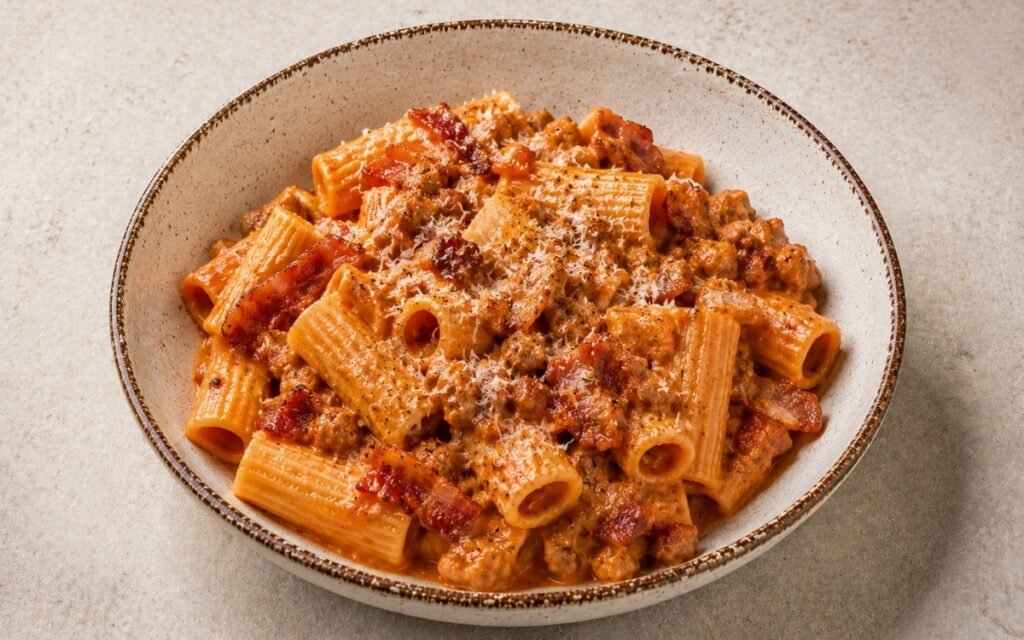 Pasta alla zozzona with rigatoni in creamy tomato-egg sauce, guanciale, browned sausage and Pecorino Romano in a wide white bowl