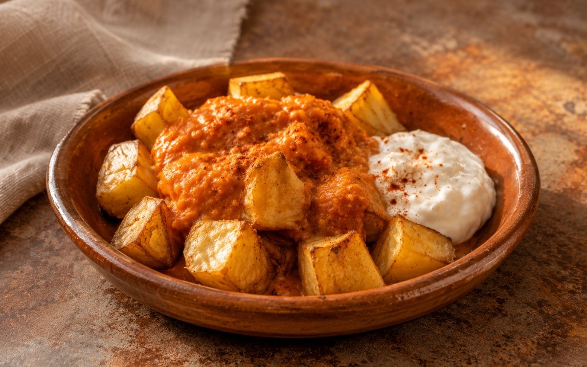 Patatas bravas in a shallow bowl showing deeply golden crispy potato chunks with bravas sauce spooned over the centre, a generous dollop of creamy aioli alongside, smoked paprika dusting, and fresh parsley on marble surface