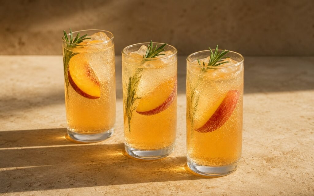 Peach rosemary sparkling mocktail in a tall glass showing golden-amber sparkling drink over ice with a fresh peach wedge on the rim and a small rosemary sprig garnish on marble surface