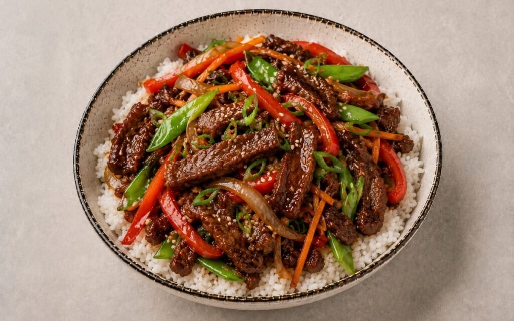 Peking beef stir-fry bowl in a wide shallow bowl showing glossy hoisin-glazed beef strips with stir-fried bell pepper, carrots, snow peas, and scallions over jasmine rice with sesame seeds