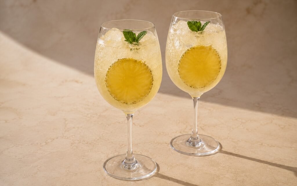 Pineapple coconut sparkling mocktail in a large wine glass showing pale golden sparkling drink over ice with a thin pineapple round against the glass and a fresh mint sprig on top on marble surface