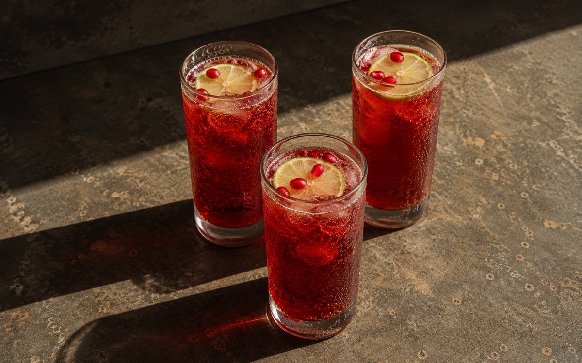 Pomegranate ginger sparkler mocktail in a tall glass showing deep ruby-red sparkling drink over ice with fresh pomegranate seeds floating on the surface and a lime slice against the glass on marble surface