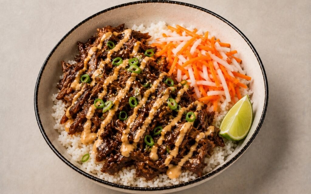Pulled pork rice bowl in a wide shallow bowl showing sticky glazed shredded pork over jasmine rice with pickled daikon and carrot, sriracha mayo drizzle, sliced scallions, and toasted sesame seeds