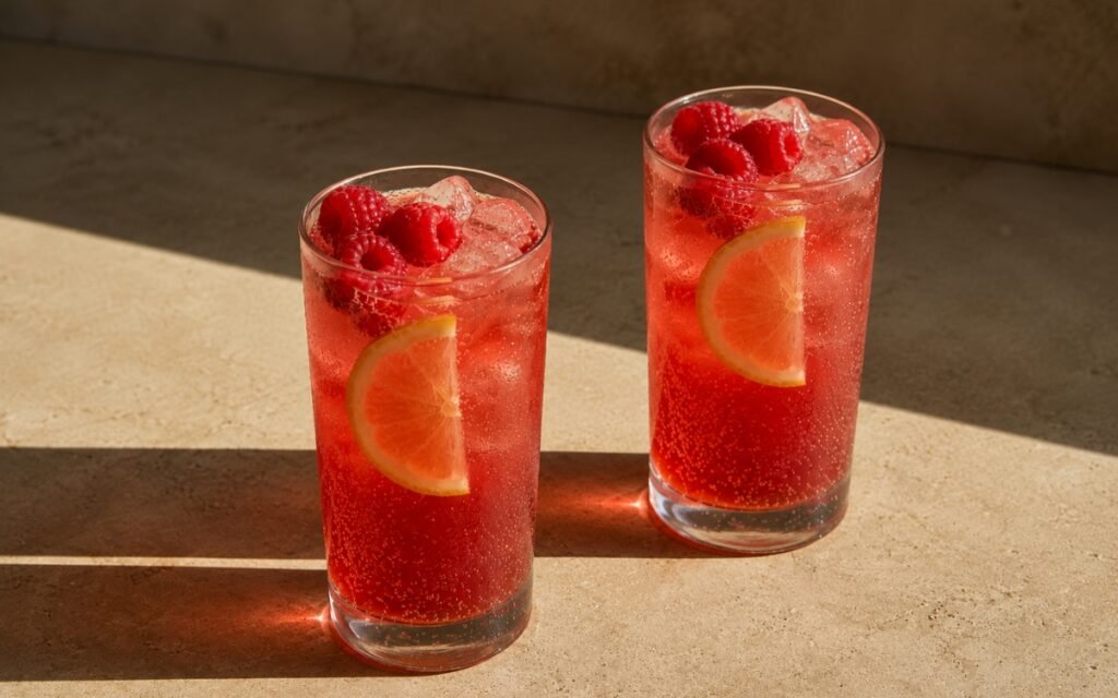 Raspberry lemon shrub fizz mocktail in a tall glass showing deep brilliant pink sparkling drink over ice with fresh raspberries floating at the surface and a thin lemon slice against the glass on marble surface