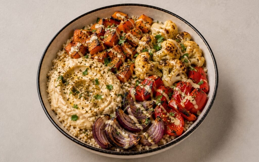 Roasted veggie and hummus bowl in a wide shallow bowl showing golden za'atar-roasted vegetables over quinoa with a generous hummus portion, lemon-tahini drizzle, fresh parsley, and extra za'atar
