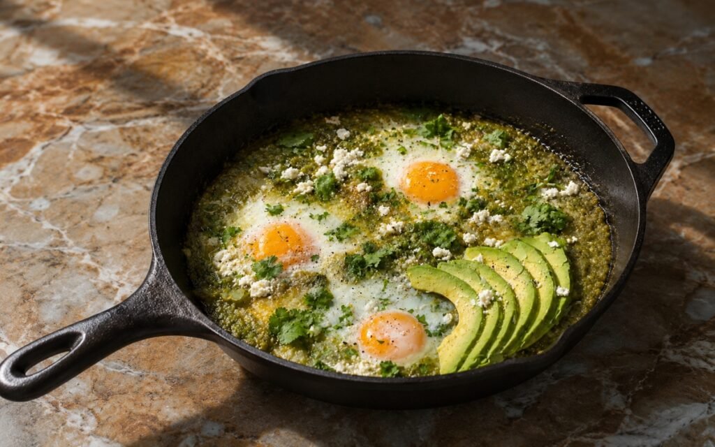 Shakshuka verde in a cast iron skillet showing four poached eggs in bright green tomatillo salsa verde, crumbled cotija, thinly sliced avocado, and generous fresh cilantro on marble surface