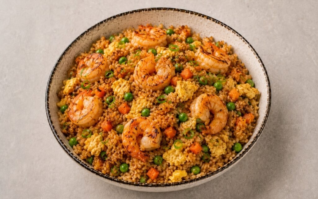 Shrimp fried rice bowl in a wide shallow bowl showing glossy soy-coated fried rice with seared shrimp, scrambled eggs, peas, carrots, and scallions — garnished with sesame seeds and scallion greens