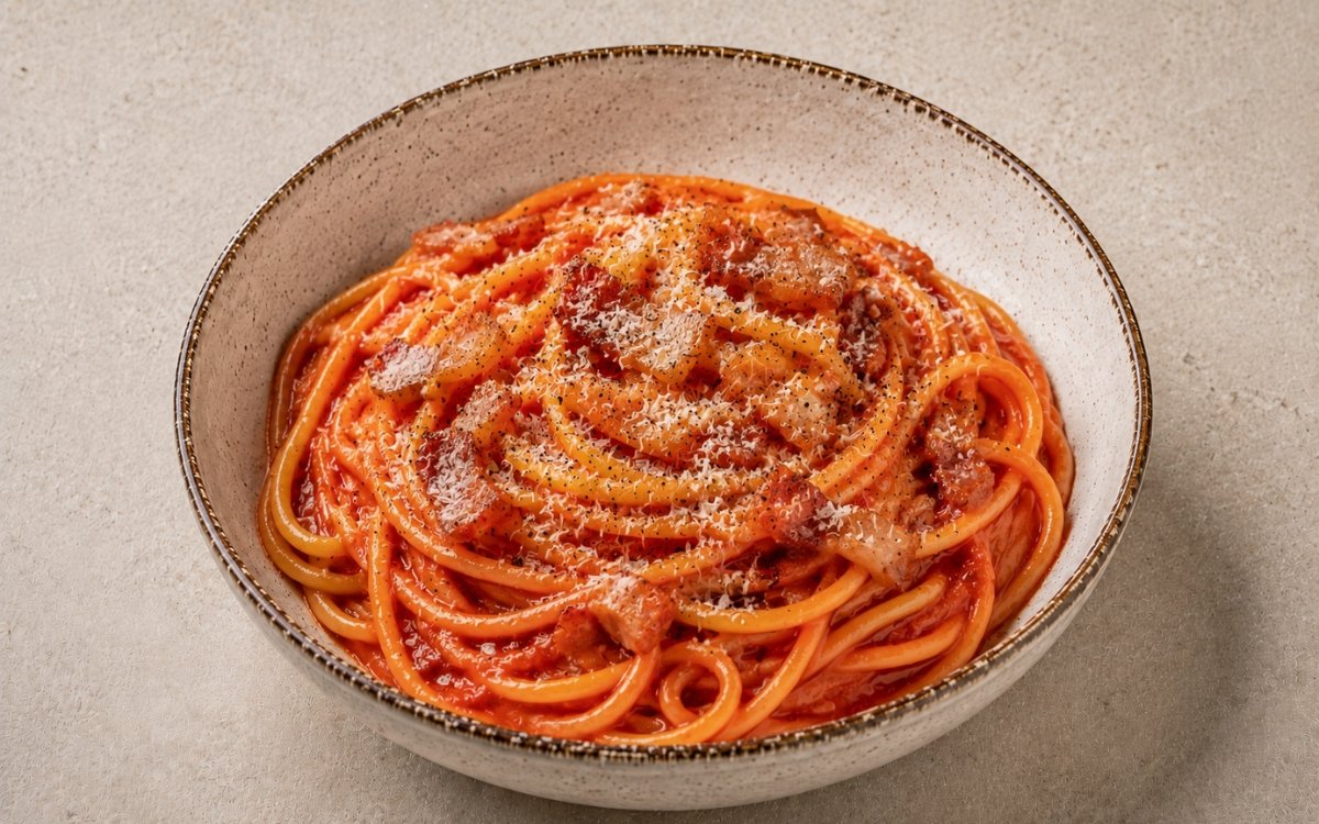 Spaghetti all'Amatriciana with glossy tomato-guanciale sauce, crispy guanciale pieces, Pecorino Romano and black pepper in a wide white bowl