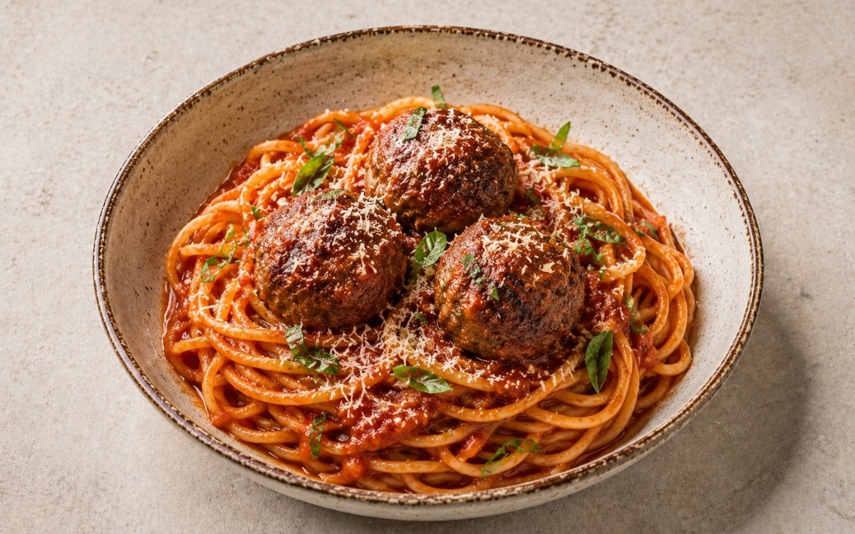 Spaghetti and meatballs with golden-browned meatballs over San Marzano marinara, fresh basil and Parmigiano in a wide white bowl