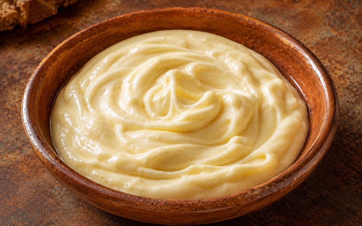 Overhead view of Spanish alioli in small bowl showing thick pale yellow-white emulsion with soft peaks alongside garlic cloves and olive oil on marble surface