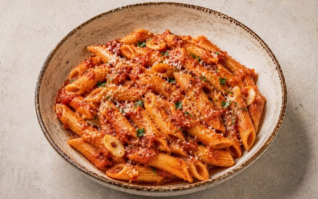 Spicy Calabrian chili penne arrabbiata in a wide white bowl showing penne rigate in glossy deep red spicy tomato sauce with fresh parsley and Parmigiano on marble surface