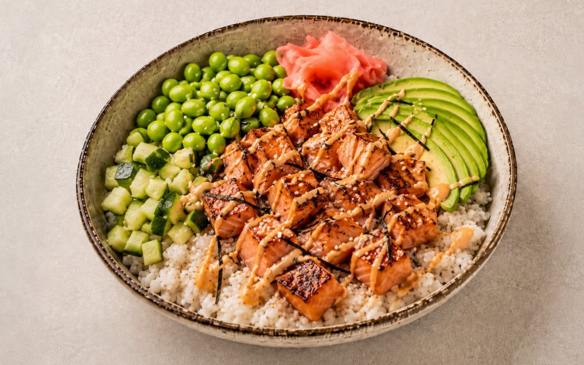 Spicy salmon sushi bowl in a wide bowl showing golden caramelised salmon cubes over sushi rice with sliced avocado, diced cucumber, edamame, nori strips, pickled ginger, sesame seeds, and spicy mayo drizzle