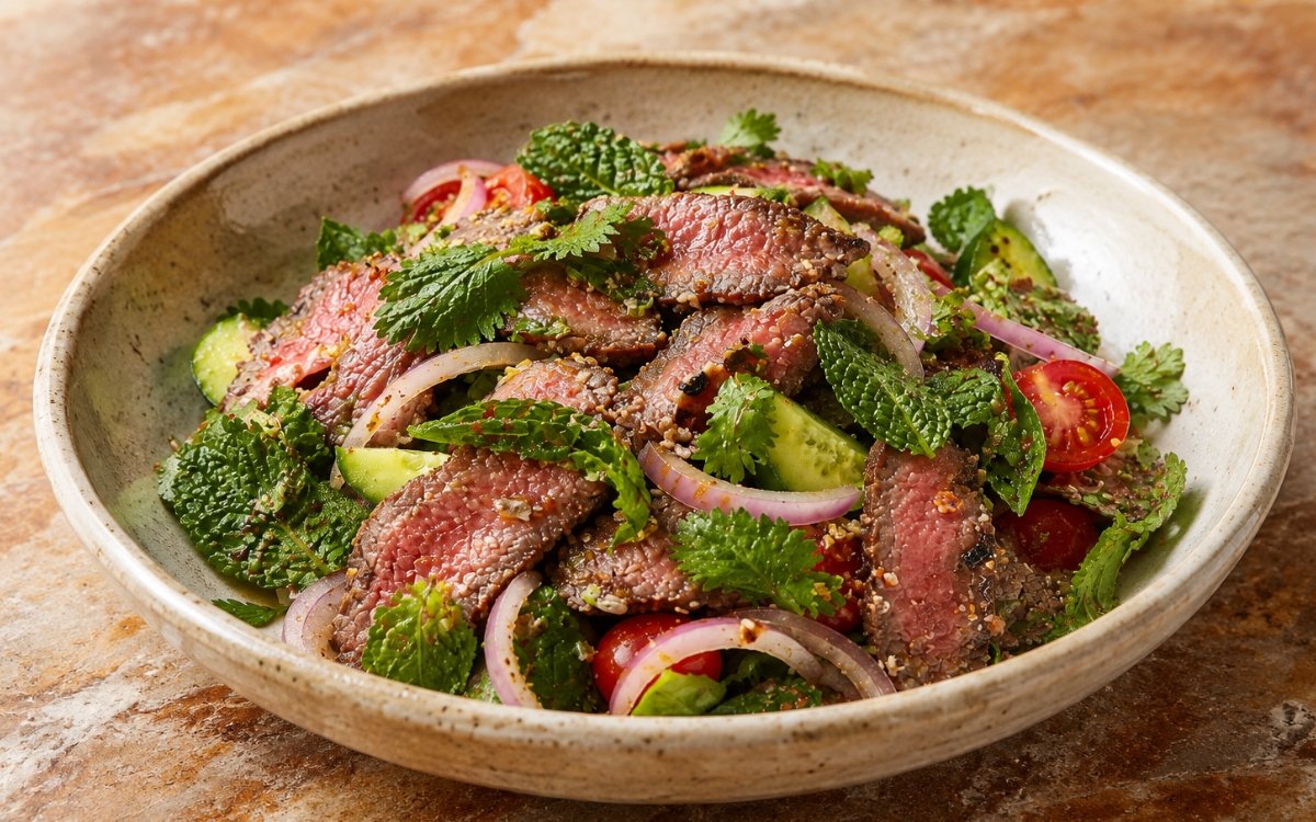 Spicy Thai beef salad on a wide plate showing thinly sliced medium-rare sirloin over fresh mint, cilantro, and Thai basil with cucumber, cherry tomatoes, red onion, and toasted rice powder with visible chili and peanut garnish on marble surface