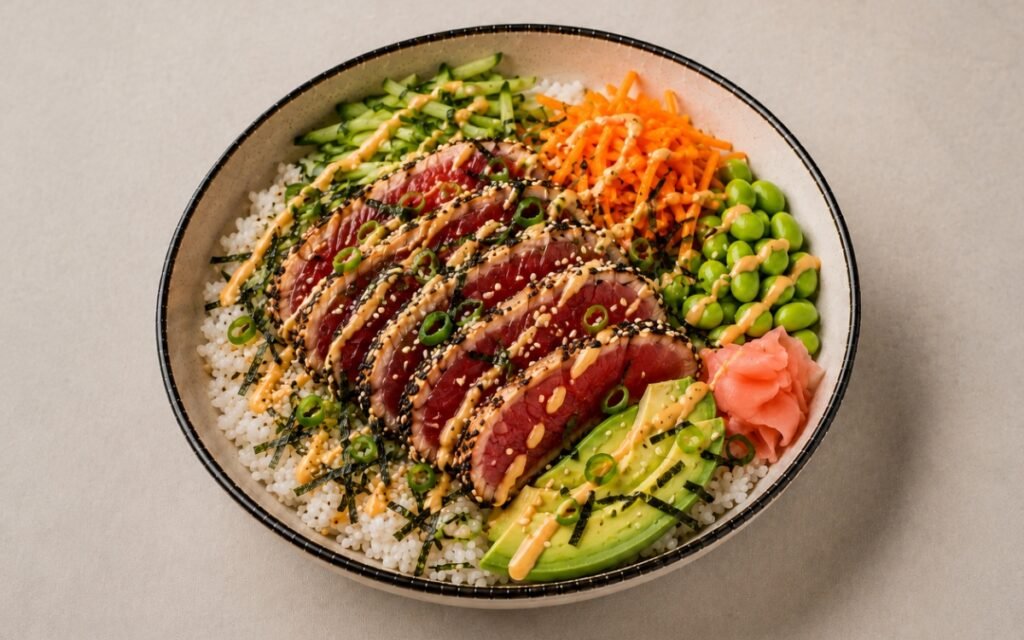 Spicy tuna rice bowl in a wide bowl showing sesame-crusted tuna slices over sushi rice with gochugaru mayo drizzle, julienned cucumber, shredded carrot, edamame, avocado, pickled ginger, nori strips, and sesame seeds