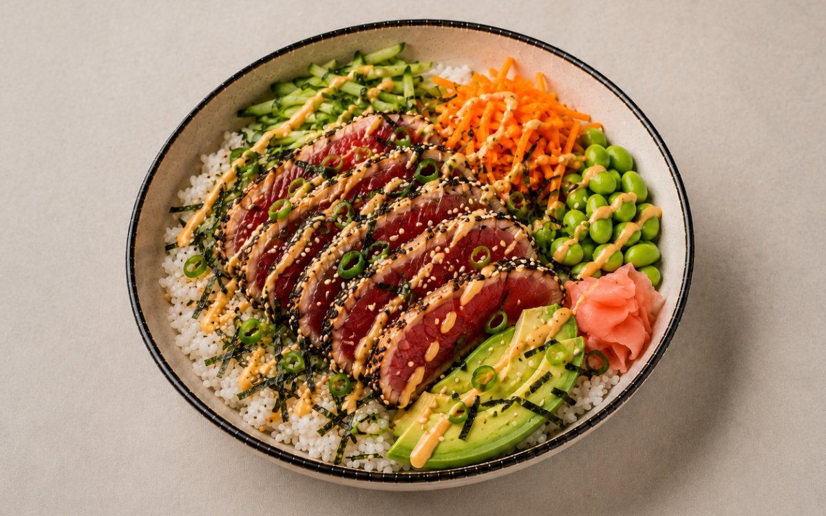 Spicy tuna rice bowl in a wide bowl showing sesame-crusted tuna slices over sushi rice with gochugaru mayo drizzle, julienned cucumber, shredded carrot, edamame, avocado, pickled ginger, nori strips, and sesame seeds