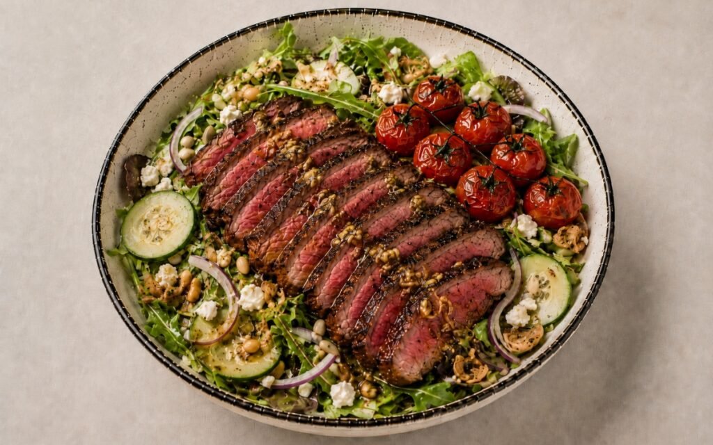 Steak salad bowl with sliced sirloin, mixed greens, roasted cherry tomatoes, feta cheese, and garlic vinaigrette
