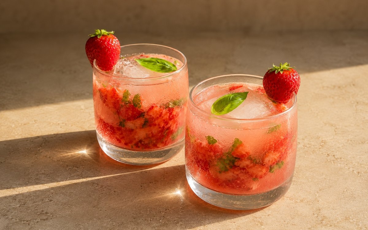 Strawberry basil smash mocktail in a short wide glass showing bright pink partially mixed drink with visible strawberry pieces and basil leaves over a large ice cube, whole strawberry on the rim and fresh basil leaf on top on marble surface