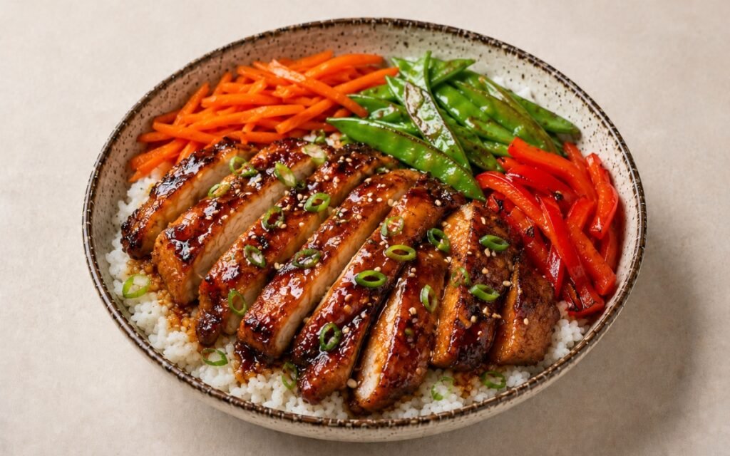 Teriyaki chicken rice bowl in a wide shallow bowl showing glossy teriyaki-glazed chicken strips over jasmine rice with stir-fried snow peas, carrots, bell pepper, sesame seeds, and sliced scallions on marble surface