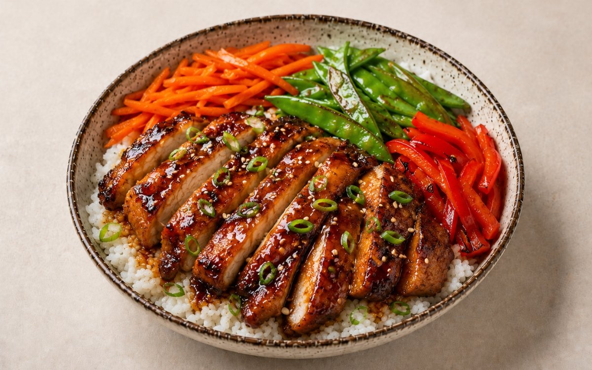 Teriyaki chicken rice bowl in a wide shallow bowl showing glossy teriyaki-glazed chicken strips over jasmine rice with stir-fried snow peas, carrots, bell pepper, sesame seeds, and sliced scallions on marble surface