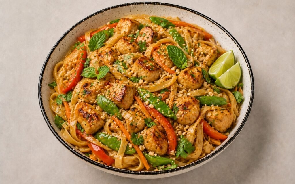 Thai peanut chicken noodle bowl in a wide bowl showing flat rice noodles with seared chicken, stir-fried bell pepper, snap peas, and carrots in glossy peanut sauce — topped with crushed peanuts, cilantro, mint, sesame seeds, and lime wedge