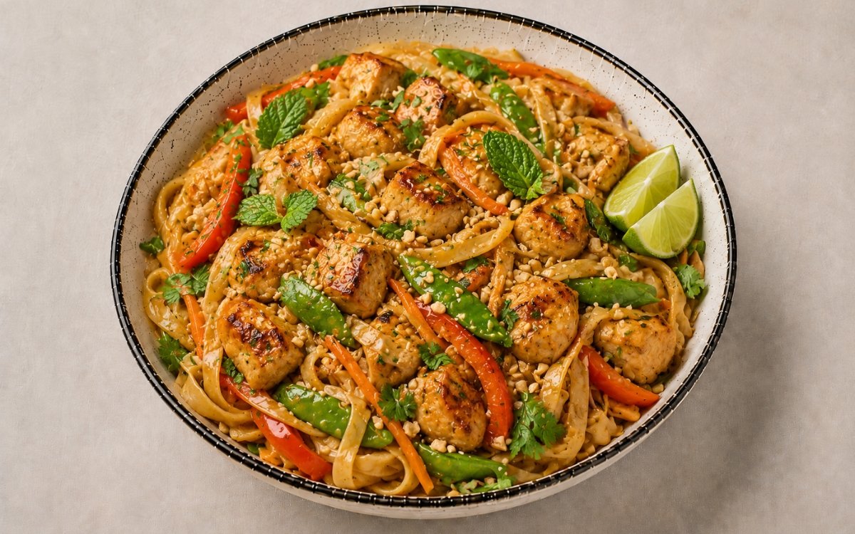 Thai peanut chicken noodle bowl in a wide bowl showing flat rice noodles with seared chicken, stir-fried bell pepper, snap peas, and carrots in glossy peanut sauce — topped with crushed peanuts, cilantro, mint, sesame seeds, and lime wedge