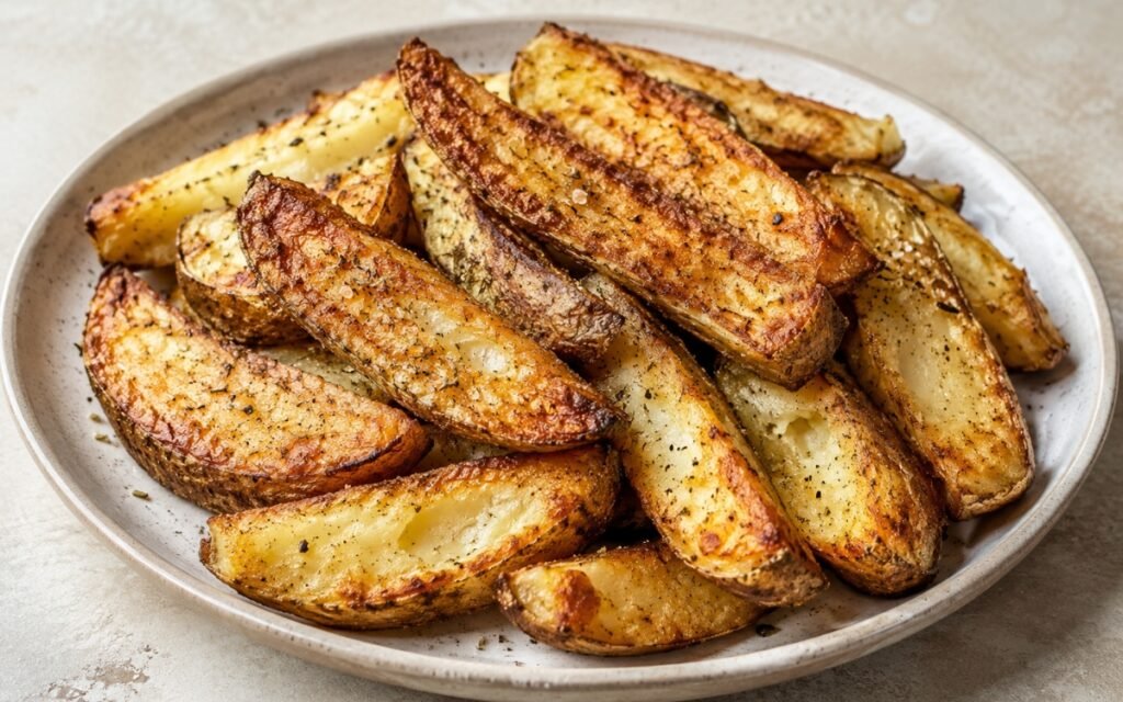 Thick-cut golden steak fries with crispy edges and sea salt on baking sheet