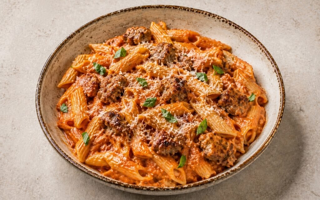 Tomato pasta with ricotta and Italian sausage in a wide white bowl showing fusilli in deep red tomato sauce with visible sausage chunks, creamy ricotta swirls, fresh basil, and Parmesan on marble surface