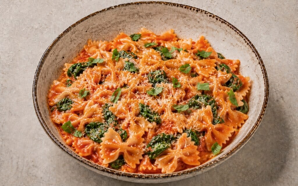 Tomato spinach farfalle pasta in a wide white bowl showing farfalle in glossy deep red tomato sauce with bright green wilted spinach, fresh basil, and Parmesan on marble surface