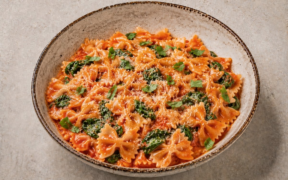 Tomato spinach farfalle pasta in a wide white bowl showing farfalle in glossy deep red tomato sauce with bright green wilted spinach, fresh basil, and Parmesan on marble surface