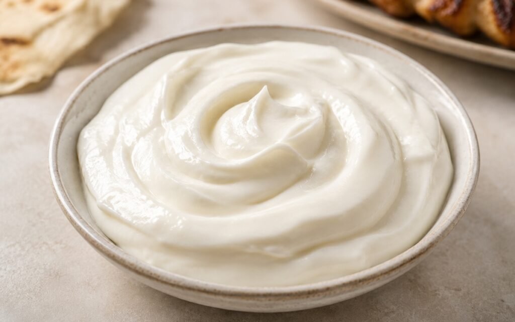 Toum Lebanese garlic sauce in a small white bowl showing the thick, white, glossy, airy whipped texture of a fully emulsified batch with a swirl in the centre on marble surface