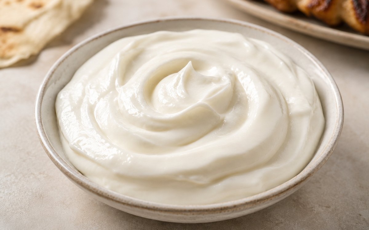 Toum Lebanese garlic sauce in a small white bowl showing the thick, white, glossy, airy whipped texture of a fully emulsified batch with a swirl in the centre on marble surface