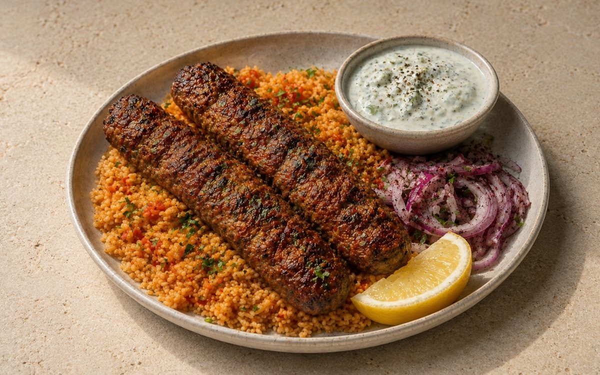 Turkish Adana kebab plate showing two deeply charred rectangular lamb skewers over Moroccan tomato couscous with sumac onions, a spoonful of tzatziki, fresh parsley, and lemon wedges on marble surface