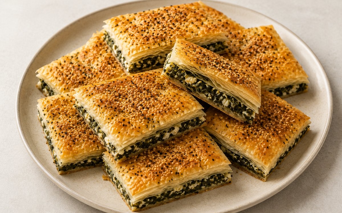 Turkish börek on a platter showing deeply golden, sesame and nigella-topped squares with crisp top layers, one portion lifted to show the soft spinach and feta filling and layered interior on marble surface