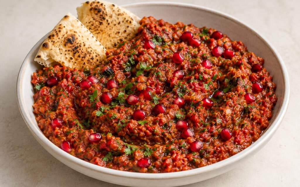 Turkish ezme in a shallow bowl showing the finely chopped bright red tomato and pepper condiment with visible parsley flecks, spice colour, and olive oil sheen on marble surface