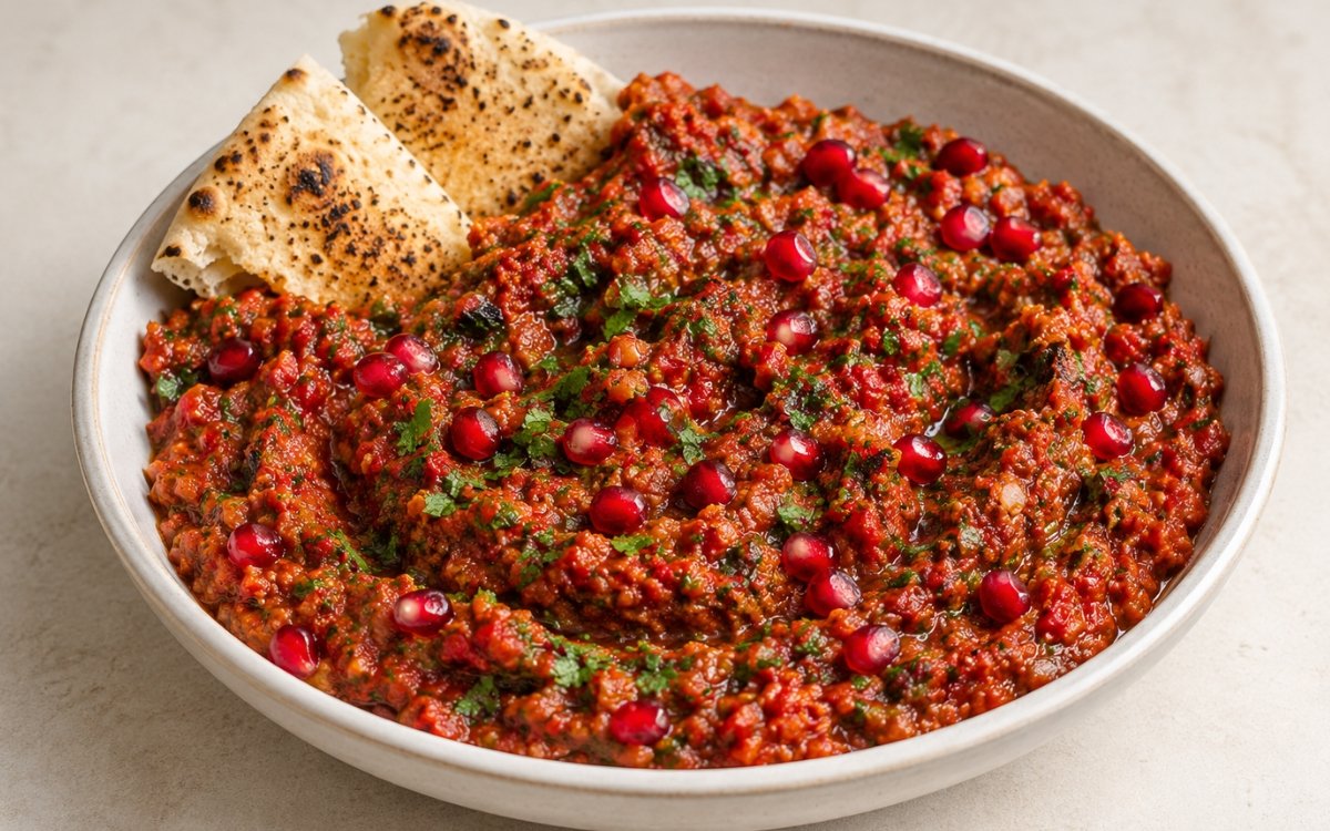 Turkish ezme in a shallow bowl showing the finely chopped bright red tomato and pepper condiment with visible parsley flecks, spice colour, and olive oil sheen on marble surface