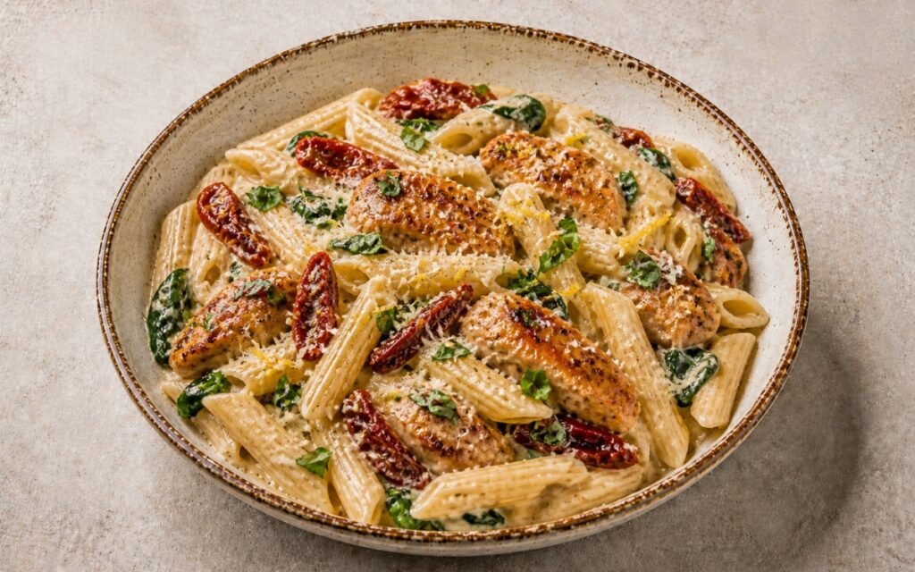 Tuscan chicken cream pasta in a wide shallow white bowl showing penne in golden cream sauce with seared chicken pieces, sun-dried tomatoes, wilted spinach, fresh basil, and Parmigiano on marble surface