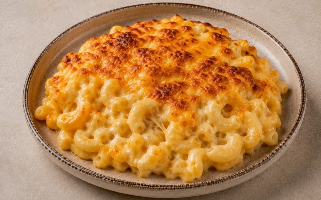 Close-up of baked three-cheese mac and cheese showing golden broiled cheese crust over creamy macaroni with stretchy melted cheese plated in a shallow ceramic bowl
