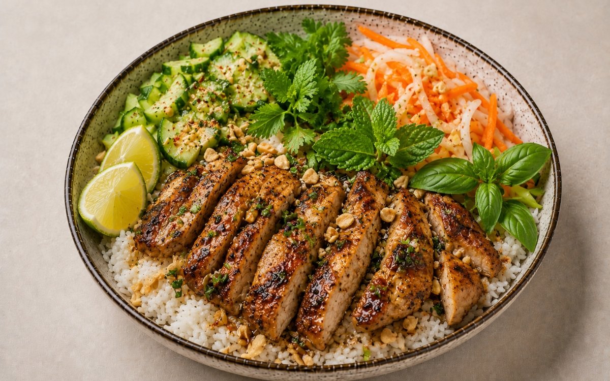 Vietnamese lemongrass chicken rice bowl in a wide shallow bowl showing caramelised lemongrass chicken strips over jasmine rice with pickled daikon and carrot, cucumber, cilantro, mint, Thai basil, crushed peanuts, and nuoc cham drizzle