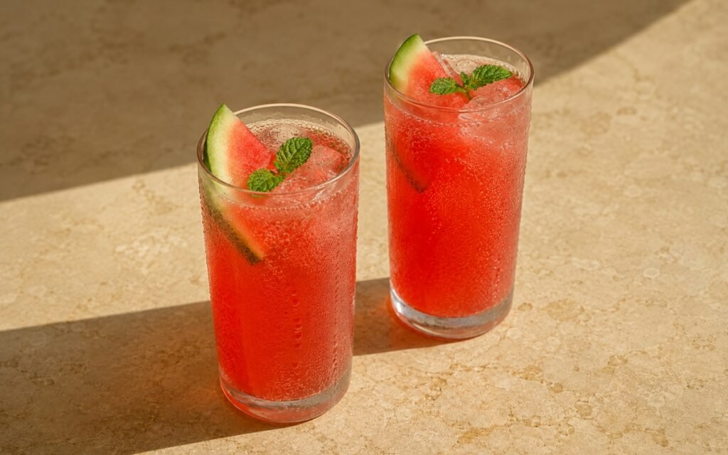 Watermelon mint fizz mocktail in a tall glass showing vivid bright pink sparkling drink over ice with a small watermelon wedge on the rim and fresh mint sprig on top on marble surface