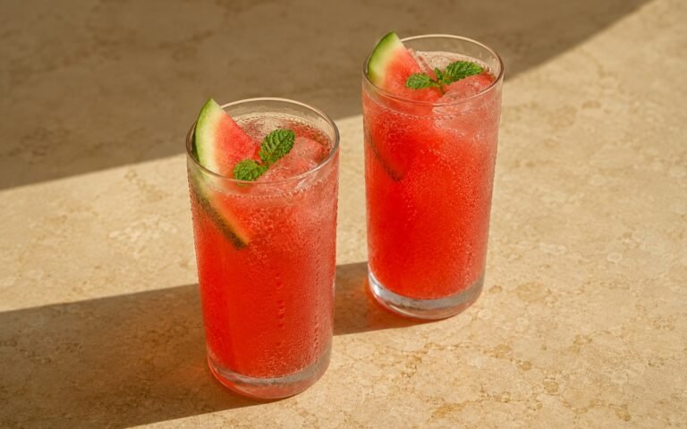 Watermelon mint fizz mocktail in a tall glass showing vivid bright pink sparkling drink over ice with a small watermelon wedge on the rim and fresh mint sprig on top on marble surface