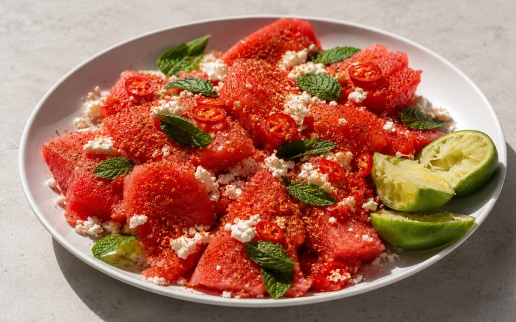 Watermelon Tajín salad on a wide shallow platter showing irregular pink watermelon chunks dusted with Tajín, crumbled cotija, thinly sliced fresno chili rounds, fresh mint leaves, and lime wedges