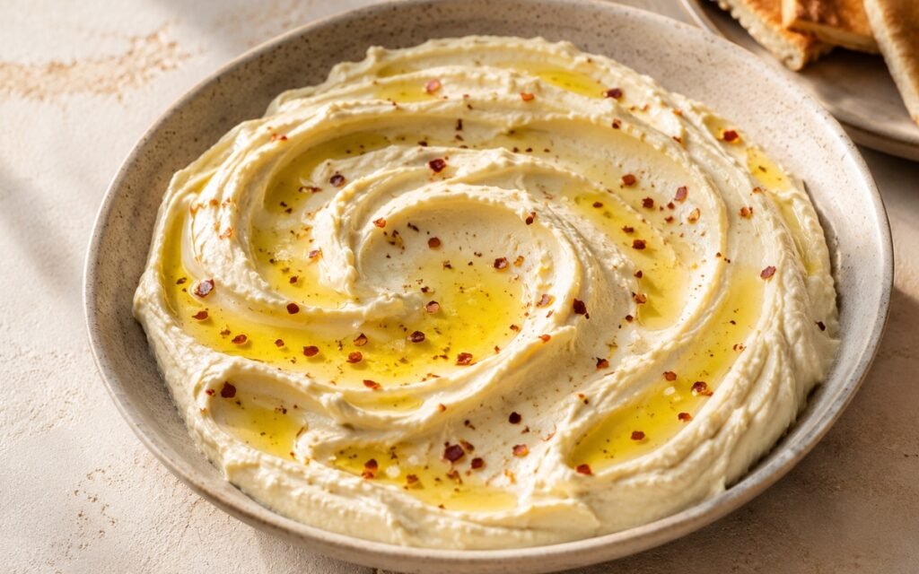 Whipped feta with spiced honey in a shallow wide bowl showing smooth swooped white feta with olive oil pooling in the ridges, red Aleppo pepper flakes, flaky sea salt, and a honey glaze on marble surface