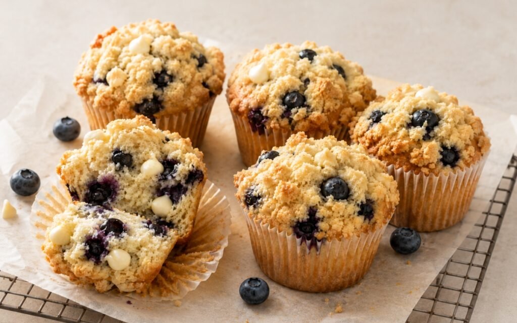 bakery-style blueberry muffins with crumb topping and white chocolate chips