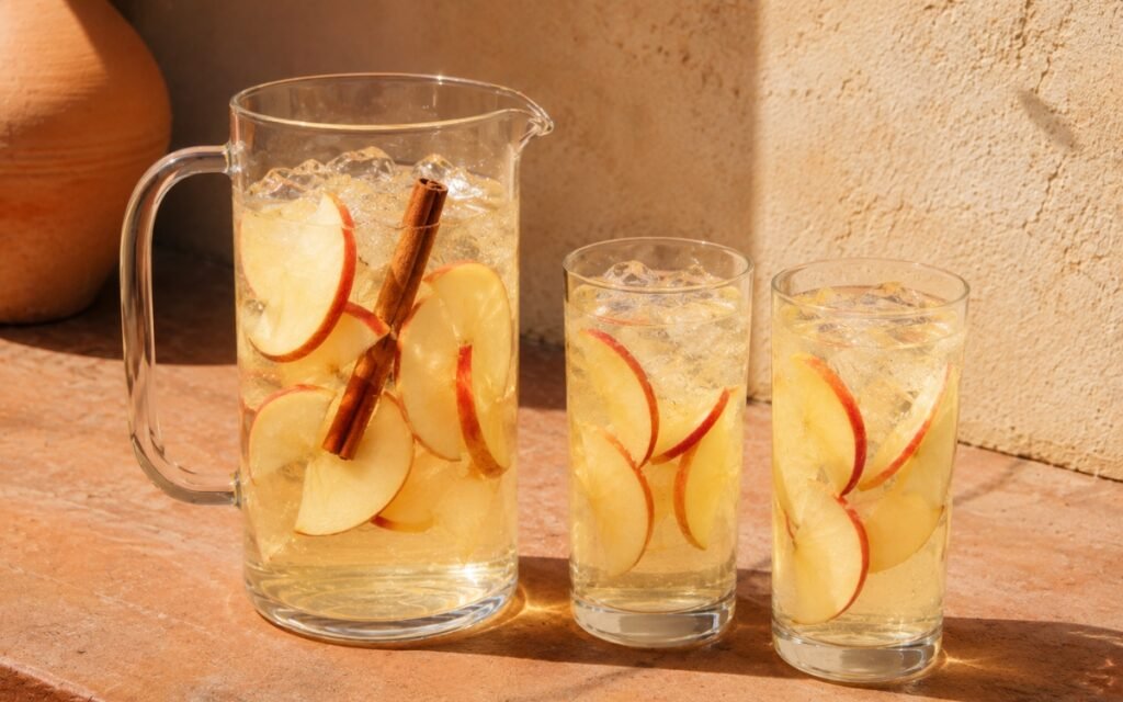 Apple cinnamon infused water in a large pitcher showing pale golden water with thin apple slices and cinnamon sticks visible throughout on marble surface