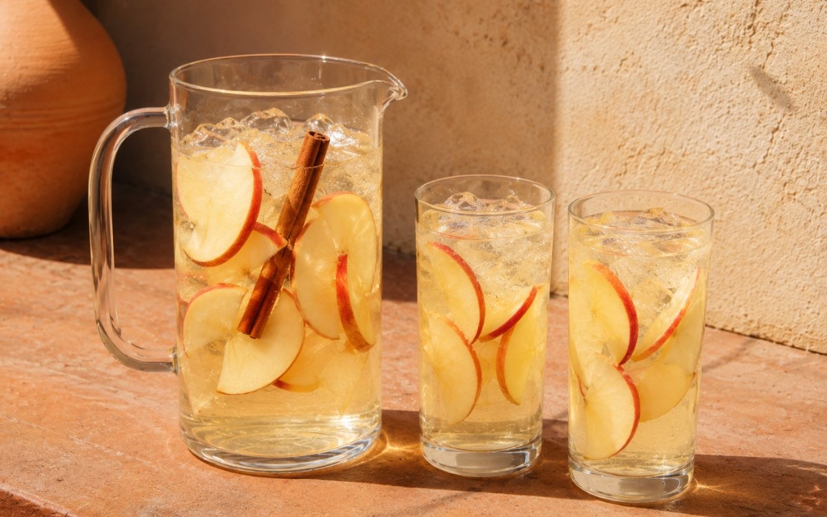 Apple cinnamon infused water in a large pitcher showing pale golden water with thin apple slices and cinnamon sticks visible throughout on marble surface