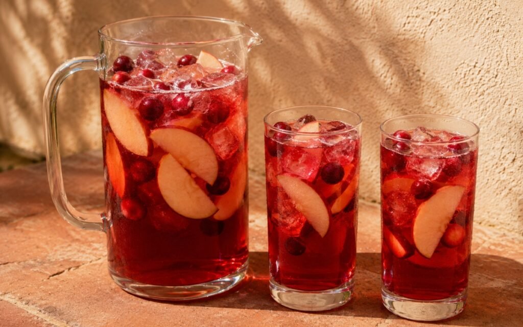 Large apple cranberry pitcher showing vivid deep cranberry-red still drink with apple slices and fresh cranberries visible on marble surface