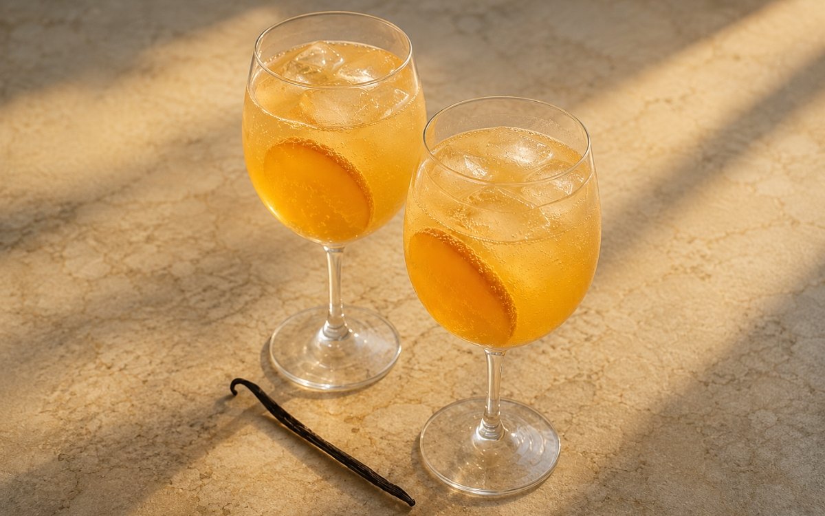 Apricot vanilla sparkling mocktail in a wine glass showing warm golden sparkling drink over ice with a thin apricot wedge slipped into the drink on marble surface
