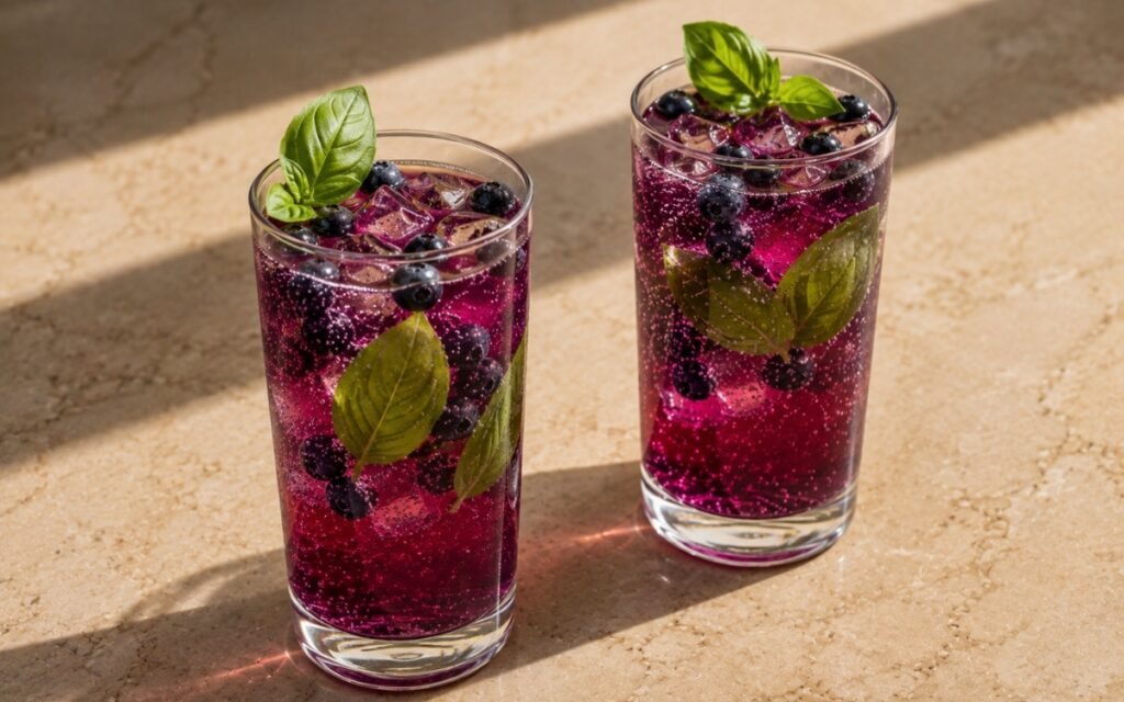 Basil blueberry sparkling herbal cooler in a tall glass showing deep purple sparkling drink over ice with fresh blueberries and basil leaves on marble surface