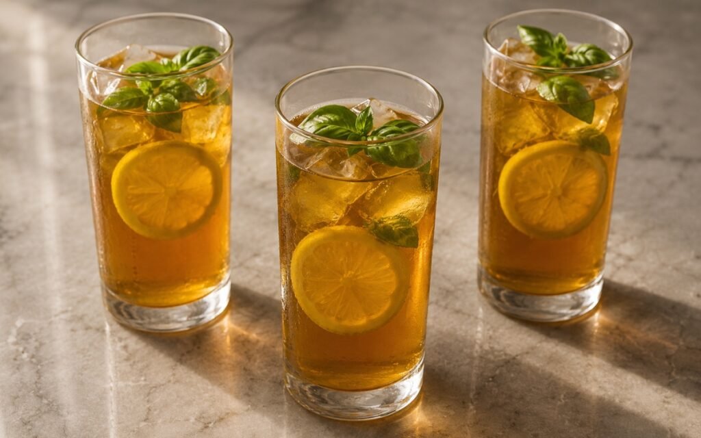 Basil lemon iced tea in a tall glass showing pale amber still drink over ice with a lemon slice and fresh basil leaves on marble surface