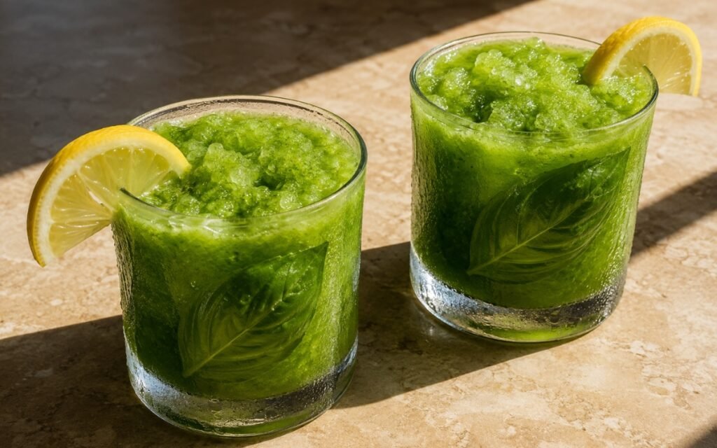 Blended basil lemonade in a glass showing pale green slushy drink with visible ice texture, fresh basil leaves on top, and a lemon slice garnish on marble surface